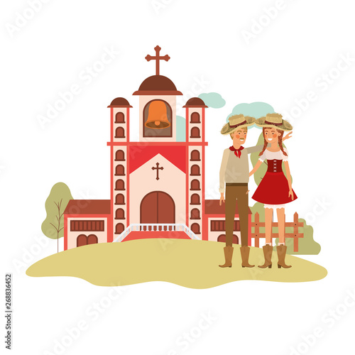 farmers couple talking with background houses