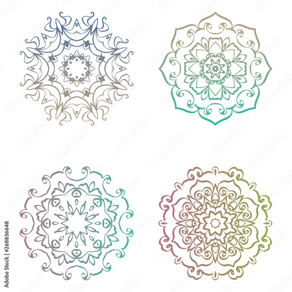 Set with four beautiful Mandalas. Vector decorative elements for your design.  Flower, oriental patterns