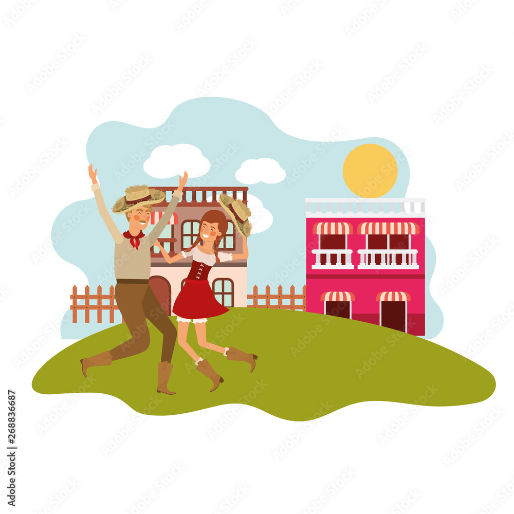 farmers couple dancing with background houses