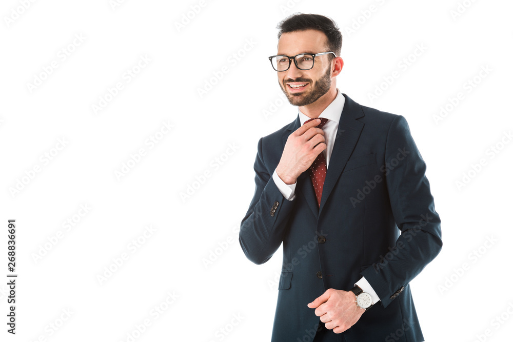 handsome smiling businessman touching tie and looking away isolated on white handsome smiling businessman touching tie and looking away isolated on white