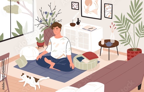 Cute guy or boy sitting cross-legged in his room or apartment and practicing yoga. Young male yogi with crossed legs and closed eyes meditating at home. Flat cartoon colorful vector illustration.