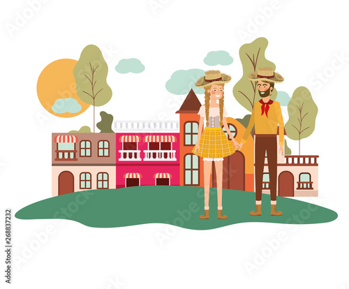 farmers couple talking with background houses