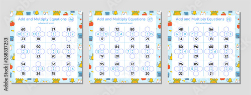 Addition and Multiplication Math Puzzle Set. Mathematical educational game. Vector Illustration.