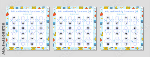 Addition and Multiplication Math Puzzle Set. Mathematical educational game. Vector Illustration.