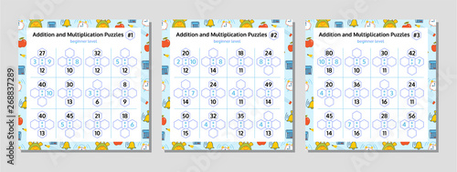 Addition and Multiplication Math Puzzle Set. Mathematical educational game. Vector Illustration.