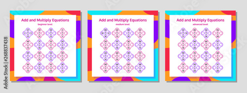 Addition and Multiplication Math Puzzle Set. Mathematical educational game. Vector Illustration.