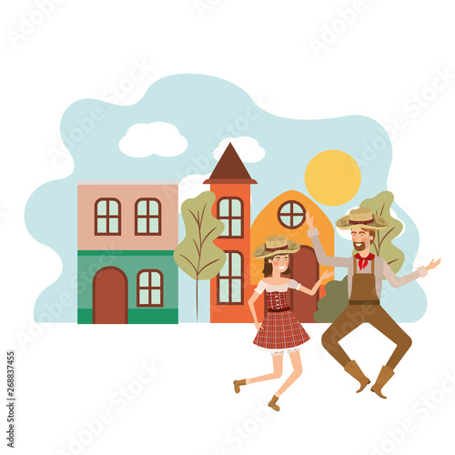 farmers couple dancing with background houses