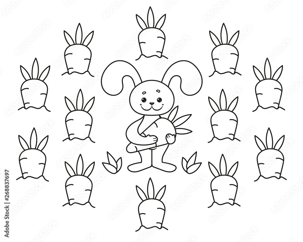 Coloring book page with bunny and carrots. Vector Illustration.