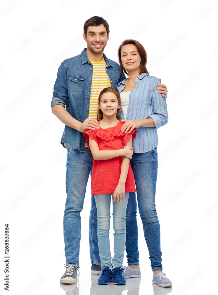 family and people concept - happy smiling mother, father and little daughter over white background family and people concept - happy smiling mother, father and little daughter over white background