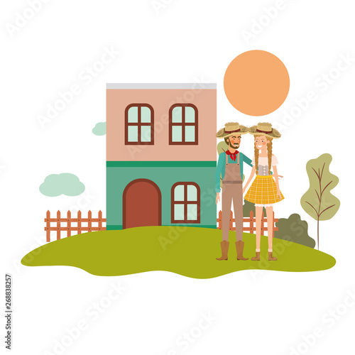 farmers couple talking with background houses