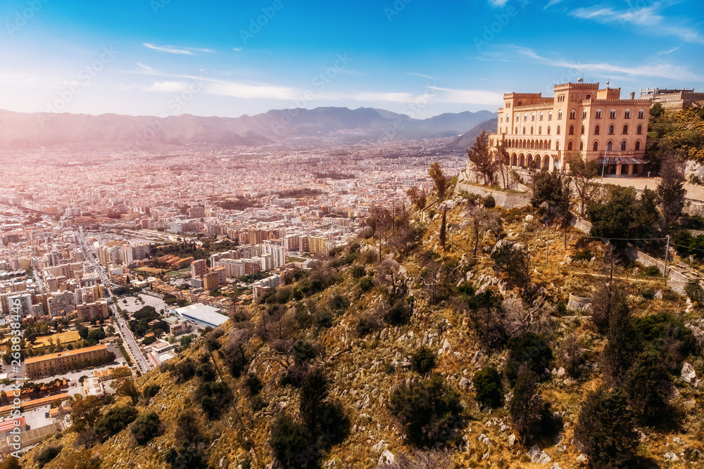 Panoramic view of city Palermo, Sicily, Italy. Winding climb park Belvedere of Monte Pellegrino. Aerial photo