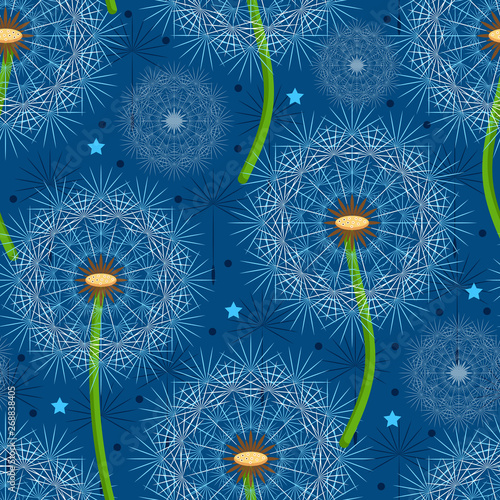 Abstract Dandelion With Flying Seeds Seamless Pattern. Vector Illustration.