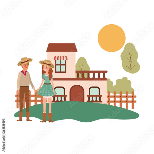 farmers couple talking with background houses