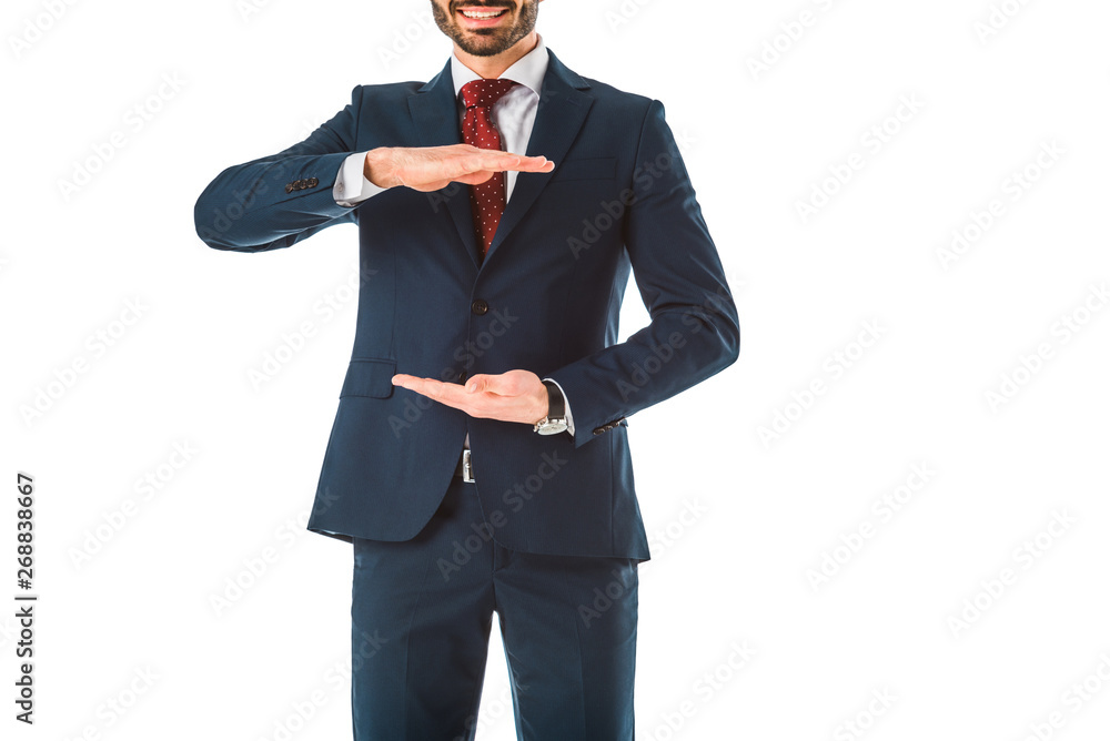 partial view of businessman in black suit gesturing isolated on white partial view of businessman in black suit gesturing isolated on white
