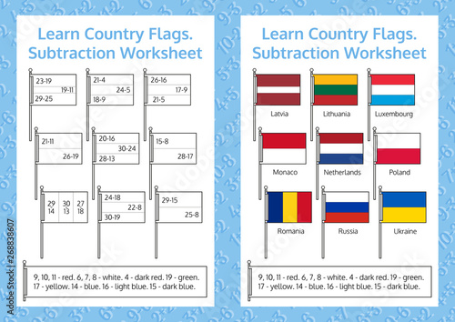 Learn Country Flags. Subtraction Worksheet. Educational Game. Mathematical Puzzle. Vector illustration.