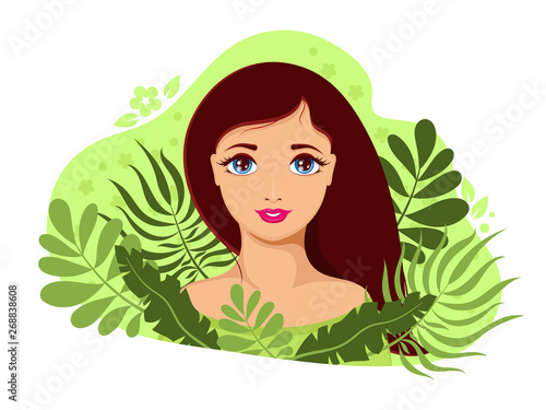 Pretty girl in nature plants and leaves. Flat cartoon style. Vector Illustration.