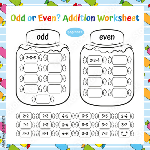 Odd or Even? Addition Worksheet. Educational Game. Mathematical Puzzle. Vector illustration.