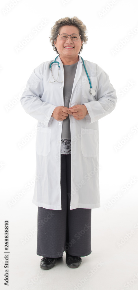 Happy smiling and confident Asian senior professional doctor with stethoscope in white isolated background