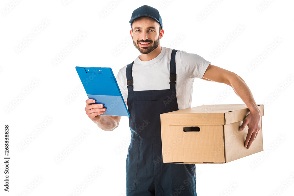 handsome delivery man with cardboard box holding clipboard and looking at camera isolated on white handsome delivery man with cardboard box holding clipboard and looking at camera isolated on white