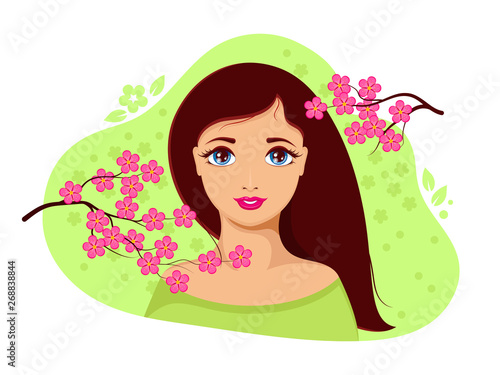 Pretty Girl Spring. Pretty Woman. Young lady. Sakura on Green Background. Vector Illustration.