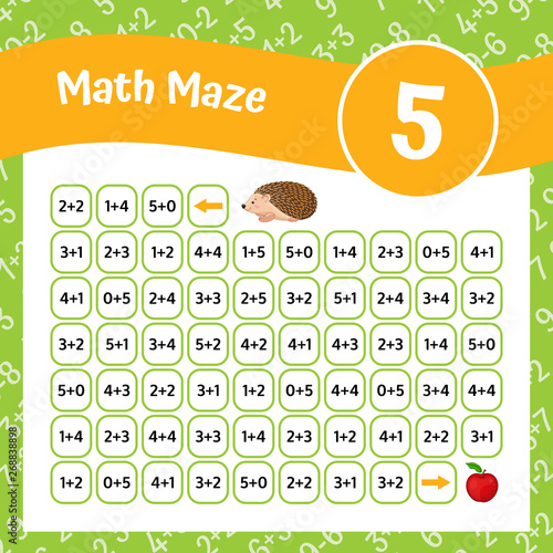 Math Maze Addition Worksheet. Educational Game. Mathematical Puzzle. Vector illustration.