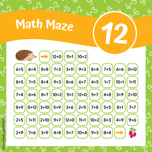 Math Maze Addition Worksheet. Educational Game. Mathematical Puzzle. Vector illustration.