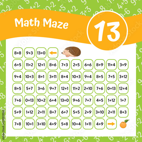 Math Maze Addition Worksheet. Educational Game. Mathematical Puzzle. Vector illustration.