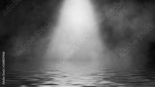 Spotlight smoke with reflection in water. Mistery fog texture overlays background. Design element.
