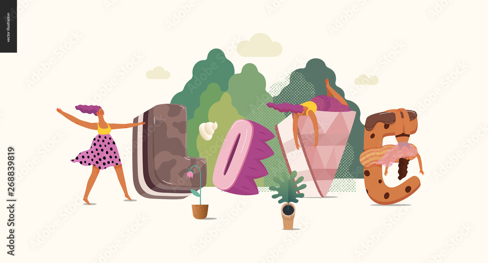 Fototapeta premium Dessert font - modern flat vector concept digital illustration of temptation font, sweet lettering and girls. Caramel, toffee, biscuit, waffle, cookie, cream and chocolate letters. Lettering Love