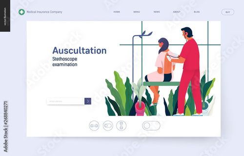 Medical tests template - auscultation - modern flat vector concept digital illustration of stethoscope examination procedure - patient and doctor carrying out procedure, medical office or laboratory