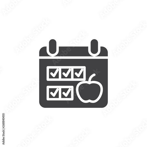 Diet plan calendar vector icon. filled flat sign for mobile concept and web design. Calendar page with apple glyph icon. Symbol, logo illustration. Pixel perfect vector graphics