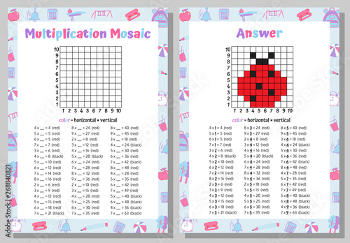 Multiplication Mosaic Math Puzzle Worksheet. Educational Game. Coloring Book Page Mathematical Game. Pixel Art. Vector illustration.