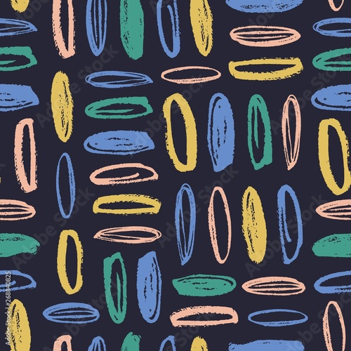 Seamless pattern with rough oval brush strokes on black background. Decorativ...