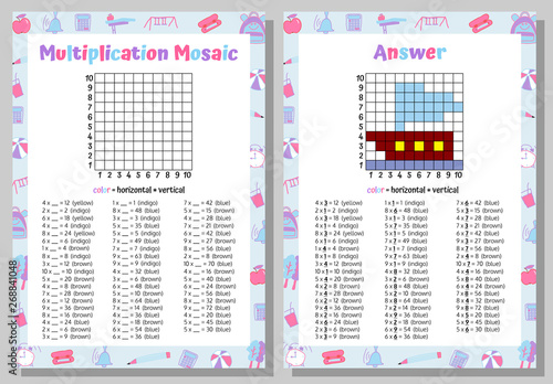 Multiplication Mosaic Math Puzzle Worksheet. Educational Game. Coloring Book Page Mathematical Game. Pixel Art. Vector illustration.