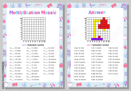 Multiplication Mosaic Math Puzzle Worksheet. Educational Game. Coloring Book Page Mathematical Game. Pixel Art. Vector illustration.