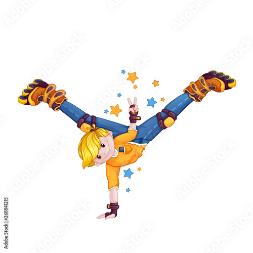 Boy teenager performs tricks on roller skates. Youth sport for active people. Funny cartoon vector character.