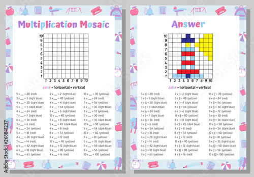 Multiplication Mosaic Math Puzzle Worksheet. Educational Game. Coloring Book Page Mathematical Game. Pixel Art. Vector illustration.