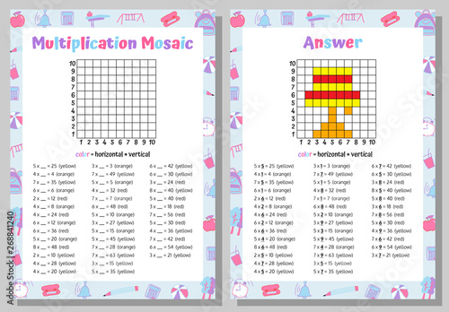 Multiplication Mosaic Math Puzzle Worksheet. Educational Game. Coloring Book Page Mathematical Game. Pixel Art. Vector illustration.