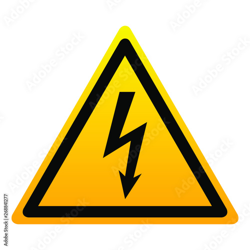 High voltage warning triangular yellow sign. High voltage symbol isolated on white background. Vector illustration.