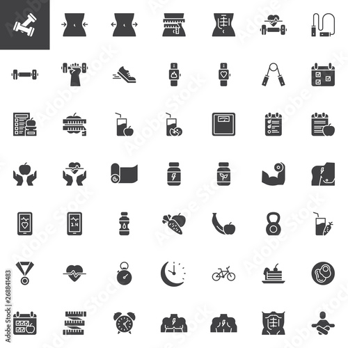 Healthy lifestyle vector icons set, Sport equipment modern solid symbol collection, Fitness filled style pictogram pack. Signs, logo illustration. Set includes icons as Dumbbell, Diet , Muscles, Gym