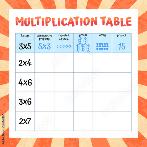 Multiplication Table Mathematics Worksheet. Educational Game. Vector illustration.