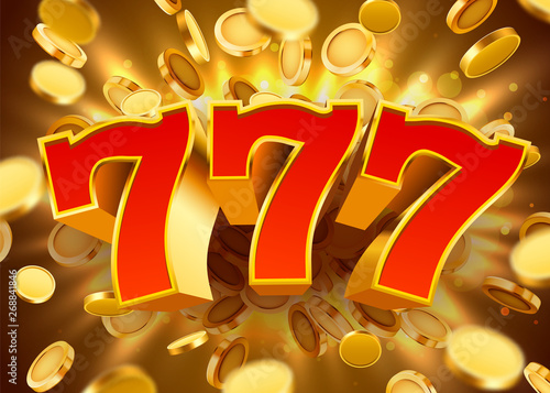 Golden slot machine 777 with flying golden coins wins the jackpot. Big win concept.