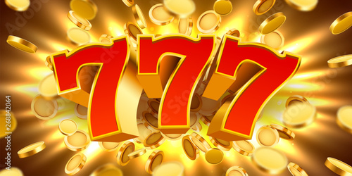 Golden slot machine 777 with flying golden coins wins the jackpot. Big win concept.