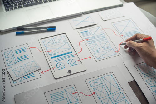 Obraz na płótnie ux Graphic designer creative sketch planning application process development prototype wireframe for web mobile phone . User experience concept.
