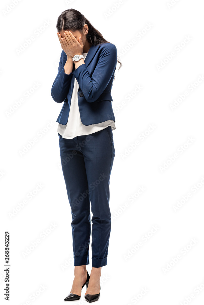 sad businesswoman in suit covering face and crying Isolated On White sad businesswoman in suit covering face and crying Isolated On White