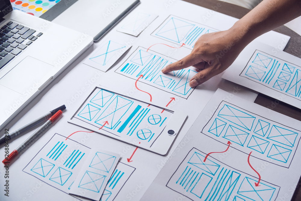 © Chaosamran_Studio - ux Graphic designer creative  sketch planning application process development prototype wireframe for web mobile phone . User experience concept. © Chaosamran_Studio - ux Graphic designer creative  sketch planning application process development prototype wireframe for web mobile phone . User experience concept.