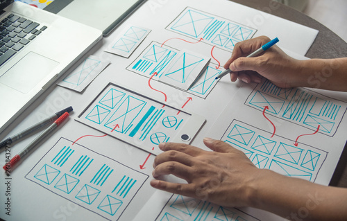 ux Graphic designer creative sketch planning application process development prototype wireframe for web mobile phone . User experience concept.