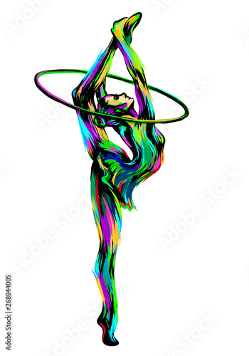 Abstract multicolored sketch of a young girl with a hoop engaged in sports art gymnastics.