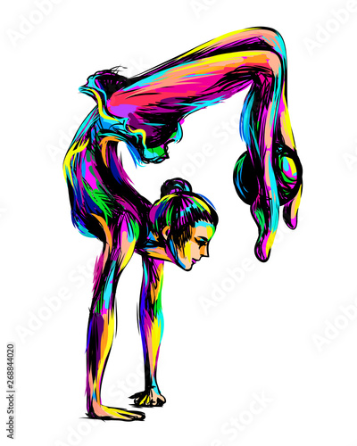 Abstract multi-colored sketch of a young girl with a ball engaged in sports art gymnastics.