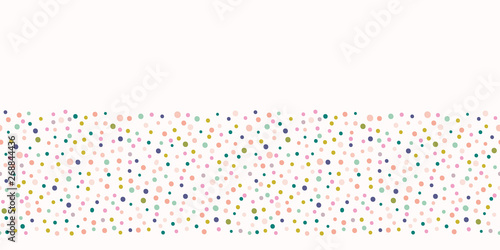 Hand drawn cute polka dot confetti border pattern. Summer vector seamless background. Pastel party illustration. Tiny circles home decor, kids fashion edging, washi tape. Sprinkles ribbon trim banner.